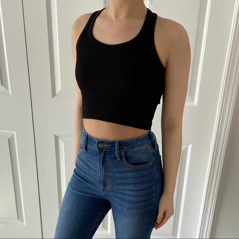 VIBE - Black Ribbed Racerback Cropped Classic Basic Tank Top - Picture 2 of 8